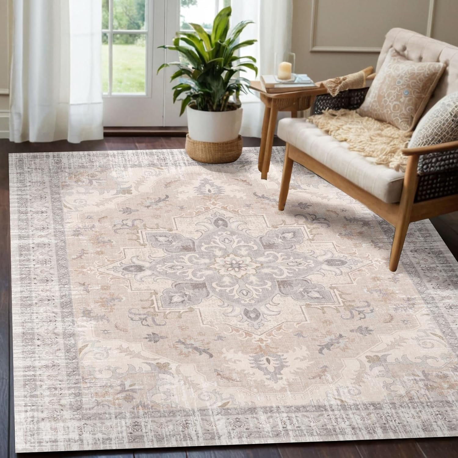 Boho Tribal Living Room Rug - 5x7 Washable Area Rug with Non-Slip ...
