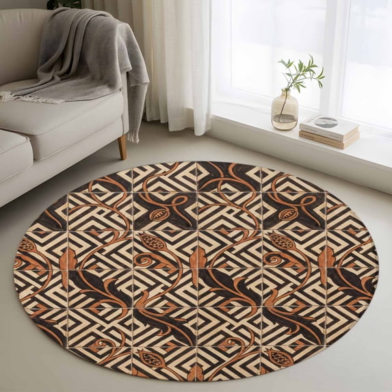 Boho Tribal Round Area Rug 4ft, Abstract Floral Geometric Pattern Art Vintage Washable Non-Slip Circle Rugs for Bedroom Living Room Kitchen, Soft Non Shedding Circle Carpet for Dining Room Dorm