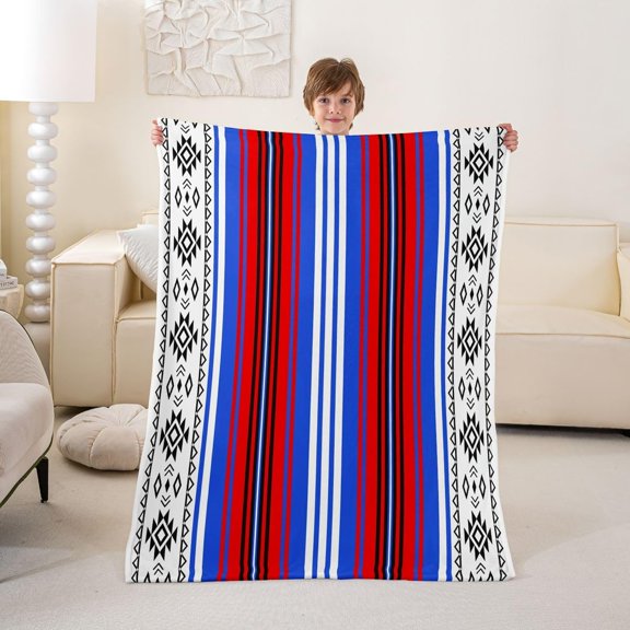 Boho Tribal Striped Throw Blanket Soft Fleece Bed Blanket for Couch and Sofa Red Blue White Patterned Bedding Blanket