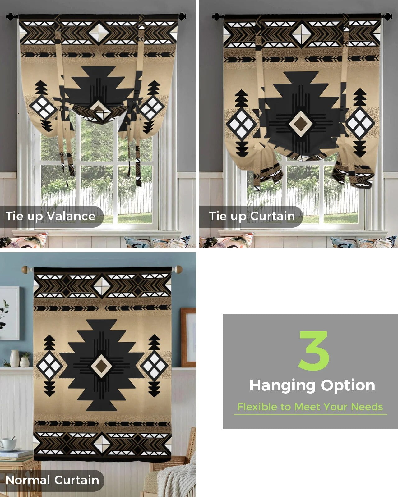 Boho Tribal Totem Curtains for Living Room Bedroom Modern Tie Up Window Curtain Kitchen Short ...