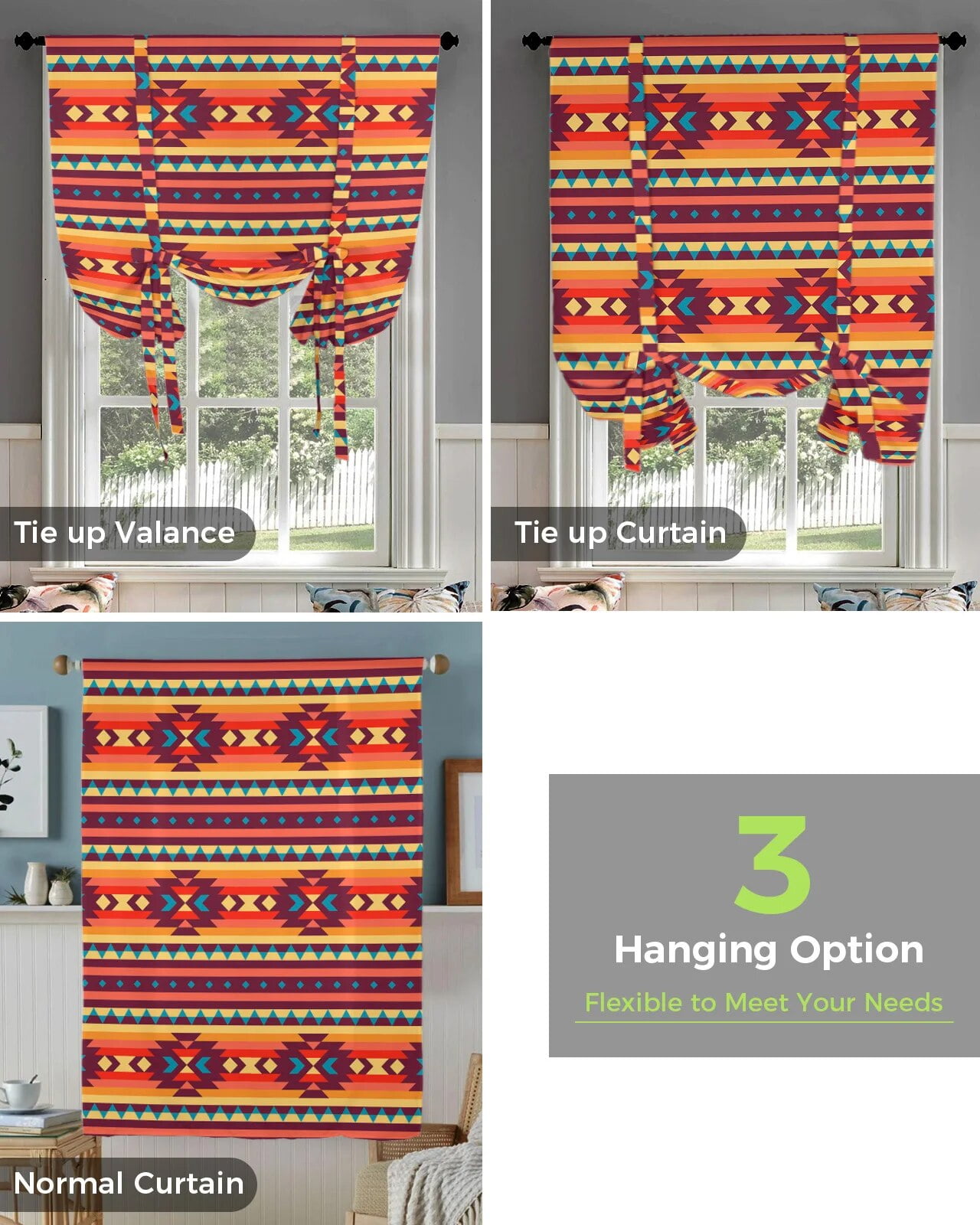 Boho Tribal Totem Curtains for Living Room Bedroom Modern Tie Up Window