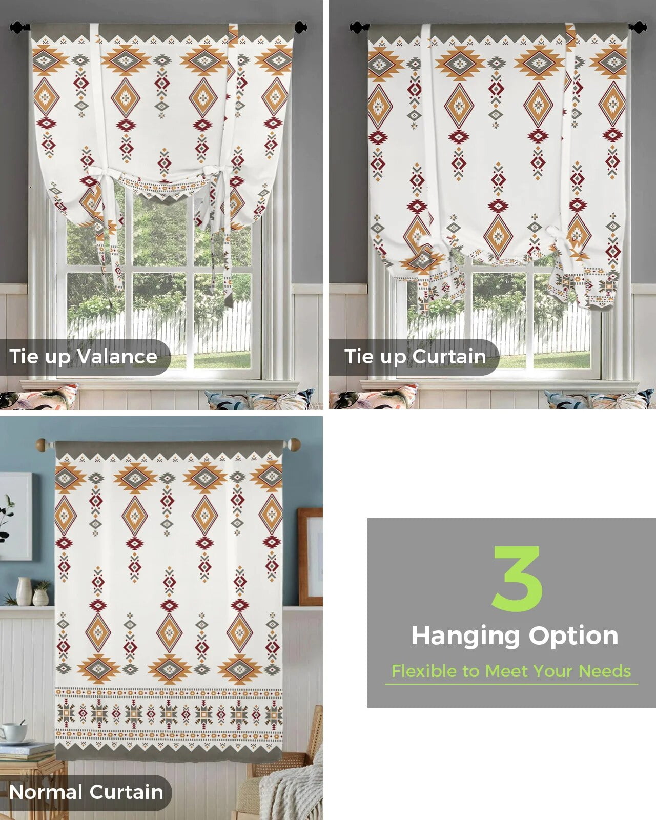 Boho Tribal Totem Curtains for Living Room Bedroom Modern Tie Up Window Curtain Kitchen Short ...