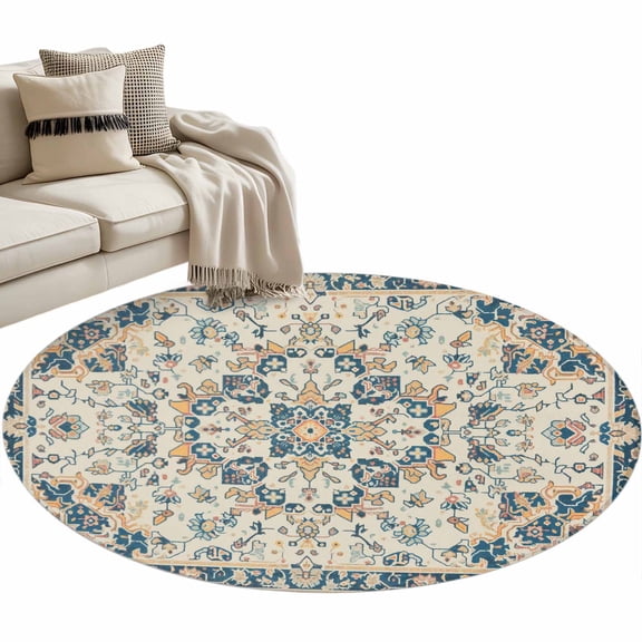 Boho Tribal Washable Round Area Rug 4 ft, Vintage Flowers , Soft Non Slip Rugs Stain Repellent Indoor Felt Carpet for Living Dining Room Bedroom Home Office