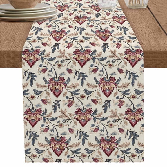 Boho Tribal Western Flower on Vintage Table Runner-36 Inch Long Floral Leaves Table Runners Linen Burlap Tablerunner for Kitchen Dining Room Holiday Party