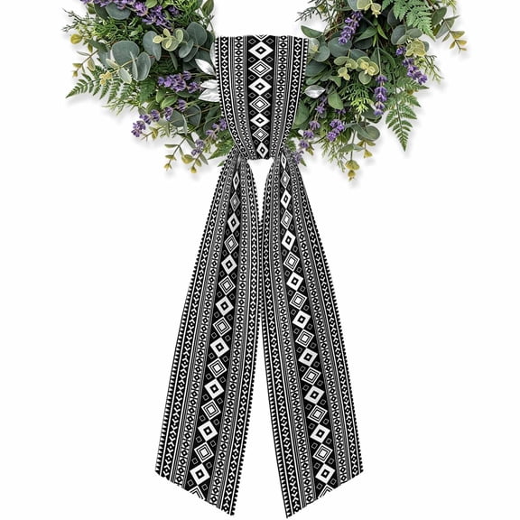 Boho Tribe Wreath Sash for Front Door, Black White Zen Southwest Middle Century Wreath Bow Holiday Garland Ribbon Wreath Accessories for Home Yard Porch Doorway Fall Christmas Decorations Gifts