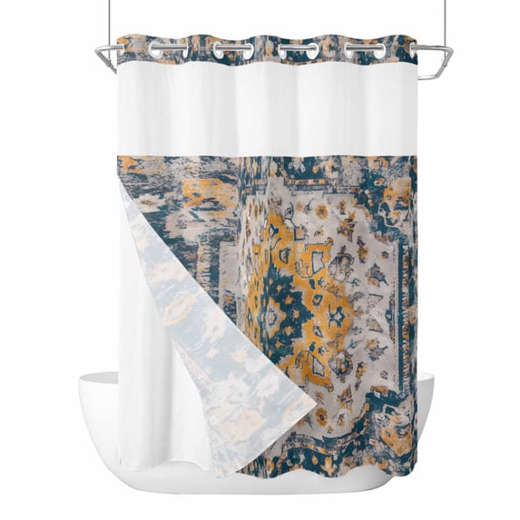 Boho Tribes No Hook Shower Curtain Waterproof, Bathroom Curtains with Snap in Liners and See Through Top Window, Vintage Southwest Tribal Modern Art Hotel Style Bathtub Curtains Shower 60"Wx72"L