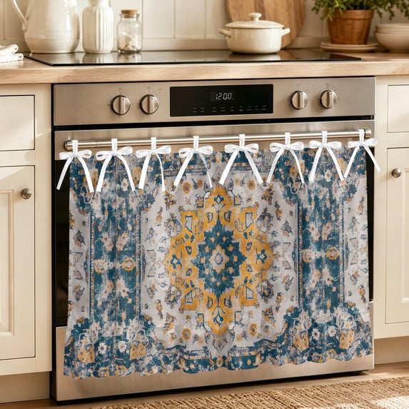 Cream Ruffle Ribbon Boho Tribes Oven Skirt Curtain, Oven Door Curtain with 8 Ribbon Ties ...