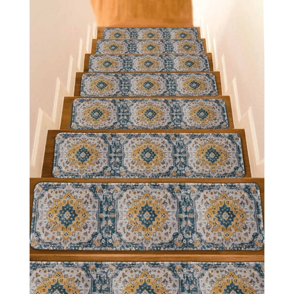 Boho Tribes Stair Treads for Wooden Steps Indoor Runner Rug Carpet, Vintage Southwest Tribal Modern Art 4 Pieces Peel and Stick Staircase Step Treads Covers Washable Throw Door Mats, 30"x8"