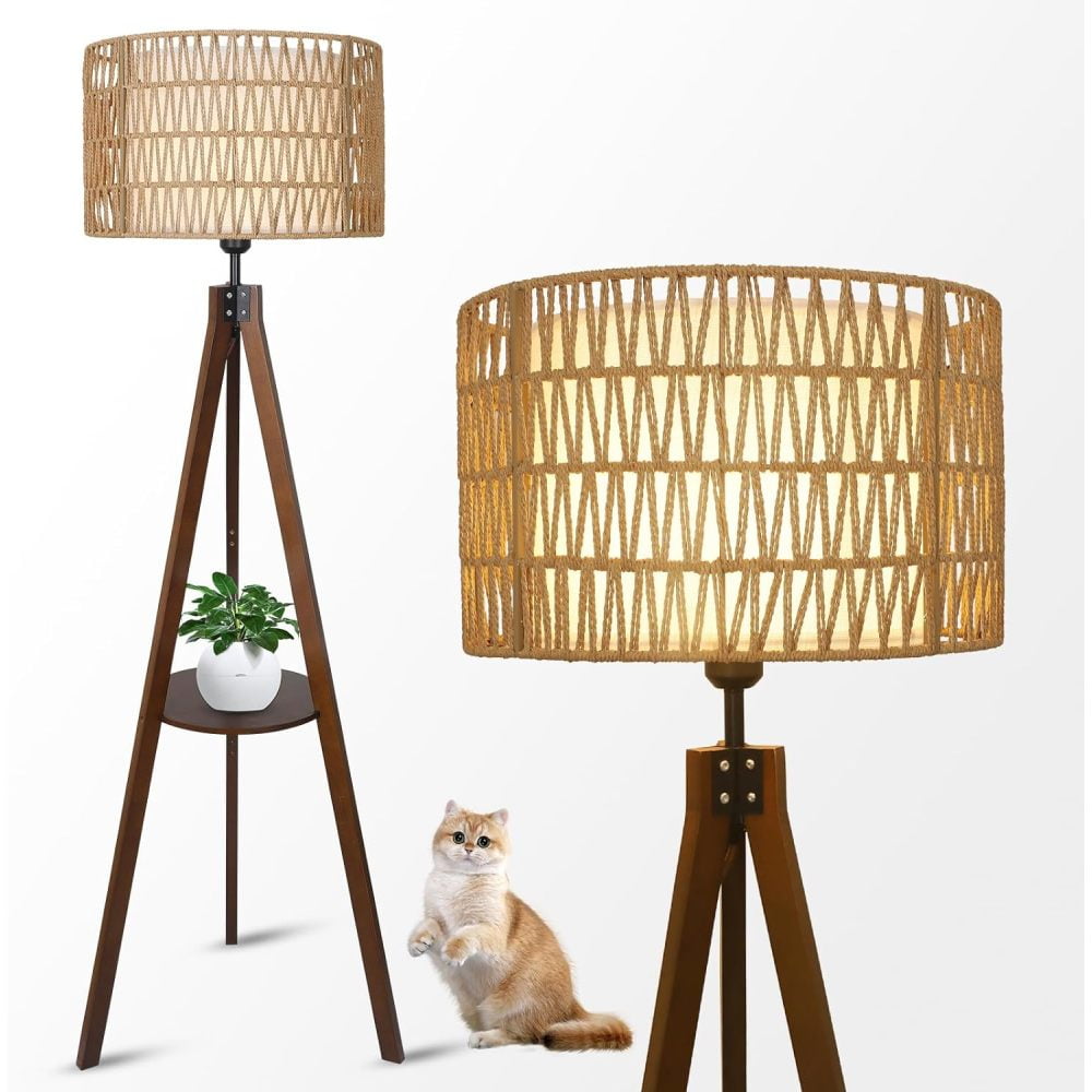 Walnut Tripod Floor Lamp with Rattan Shade and Shelf
