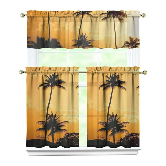 Boho Tropical Beach Sunset Curtains - 3 Piece Kitchen Set with Palm Tree Design, Farmhouse Tier & Valance Window Treatments