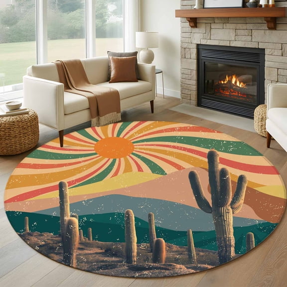 Boho Tropical Cactus 6ft Round Rugs, Modern Abstract Art Summer Botanical Washable Non-Slip Area Rugs for Living Room Bedroom Kitchen, Low Pile Dining Room Kicthen Circle Carpet, Indoor Floor Rug