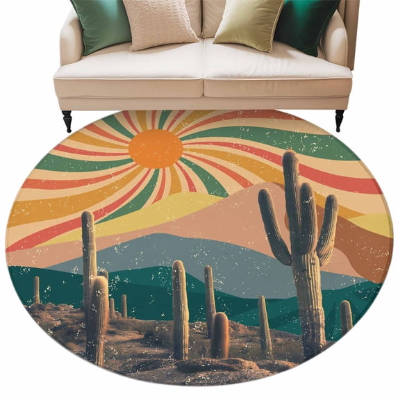 Boho Tropical Cactus Round Area Rugs Collection 5', Modern Abstract Art ...