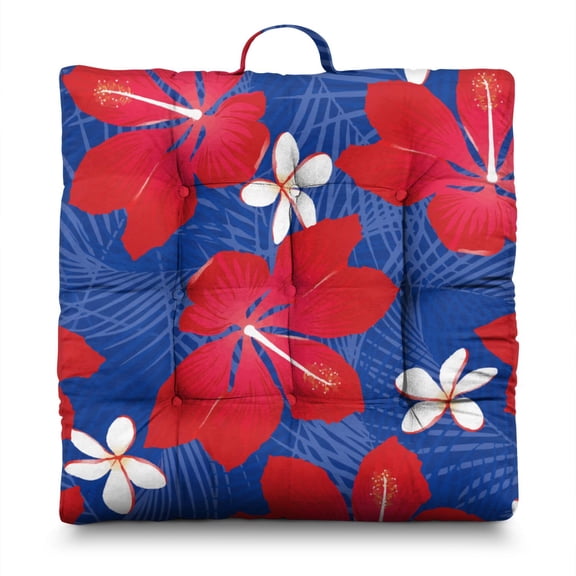 Boho Tropical Floral Meditation Pillow - Thick Square Floor Cushion with Hawaiian Hibiscus Design, Perfect for Small Apartments & Minimalist Spaces