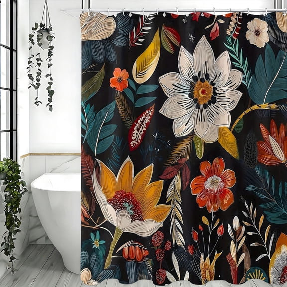 Boho Tropical Floral Shower Curtain Dark Botanical Flower Print Bathroom Decor Accessories