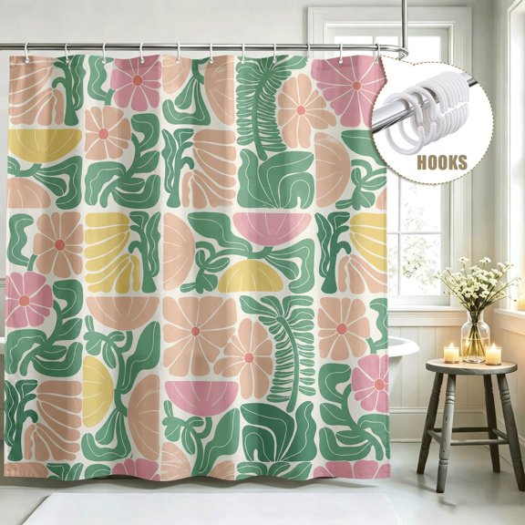 Boho Tropical Floral Shower Curtain, Watercolor Flower Fabric Exquisite Whimsical Shower Curtain Set for Bathroom, Waterproof Cloth Fabric with Hooks, 72*72in