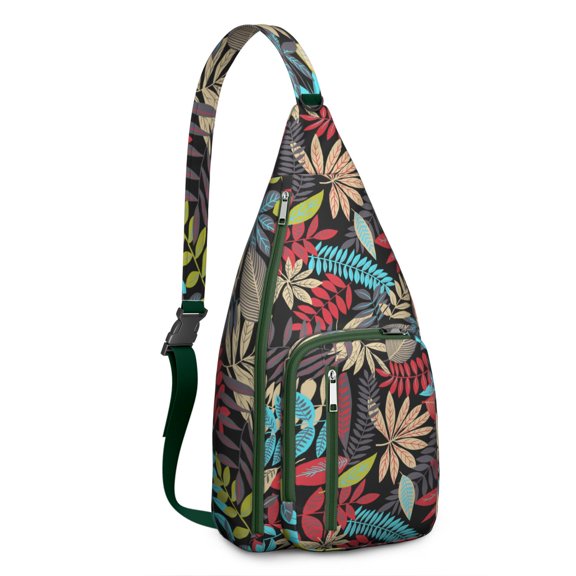 Boho Tropical Floral Sling Backpack – Hawaiian Print Hiking Daypack with Jungle Leaves, Hibiscus & Palm Leaf Design, Lightweight & Waterproof for Summer Beach & Resort Travel