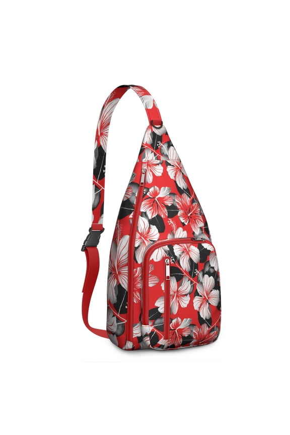 Boho Tropical Floral Sling Backpack – Hawaiian Print Hiking Daypack with Jungle Leaves, Hibiscus & Palm Leaf Design, Lightweight & Waterproof for Summer Beach & Resort Travel