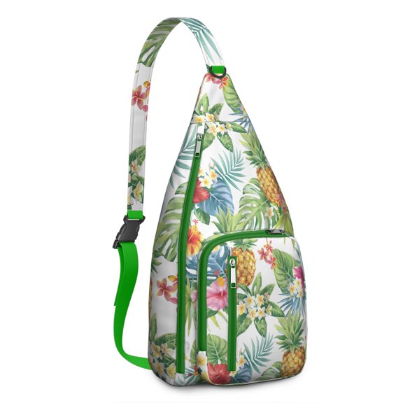 Boho Tropical Floral Sling Backpack – Hawaiian Print Hiking Daypack with Jungle Leaves, Hibiscus & Palm Leaf Design, Lightweight & Waterproof for Summer Beach & Resort Travel