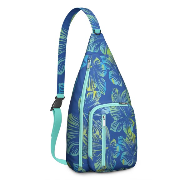 Boho Tropical Floral Sling Backpack – Hawaiian Print Hiking Daypack with Jungle Leaves, Hibiscus & Palm Leaf Design, Lightweight & Waterproof for Summer Beach & Resort Travel