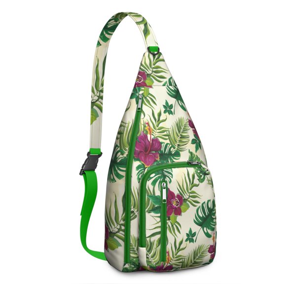 Boho Tropical Floral Sling Backpack – Hawaiian Print Hiking Daypack with Jungle Leaves, Hibiscus & Palm Leaf Design, Lightweight & Waterproof for Summer Beach & Resort Travel