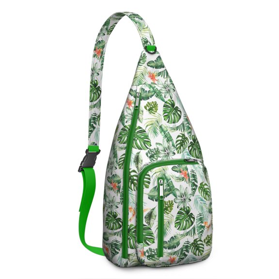 Boho Tropical Floral Sling Backpack – Hawaiian Print Hiking Daypack with Jungle Leaves, Hibiscus & Palm Leaf Design, Lightweight & Waterproof for Summer Beach & Resort Travel