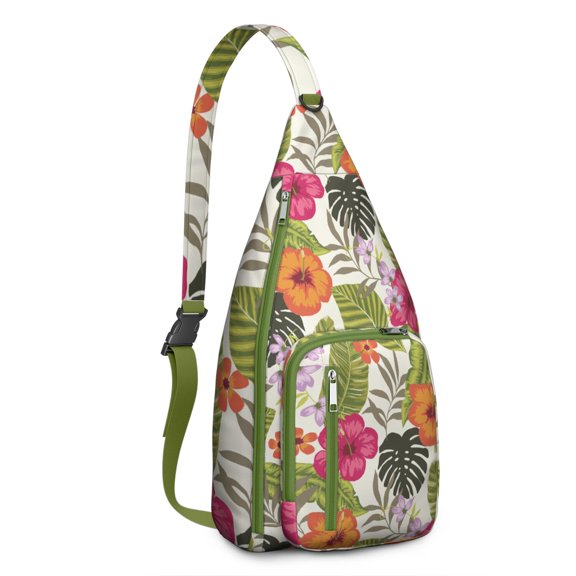 Boho Tropical Floral Sling Backpack – Hawaiian Print Hiking Daypack with Jungle Leaves, Hibiscus & Palm Leaf Design, Lightweight & Waterproof for Summer Beach & Resort Travel
