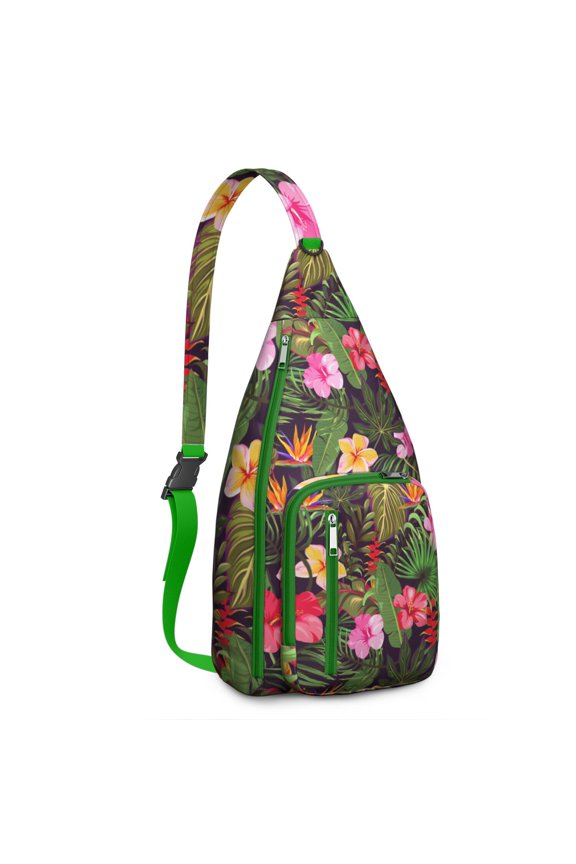 Boho Tropical Floral Sling Backpack – Hawaiian Print Hiking Daypack with Jungle Leaves, Hibiscus & Palm Leaf Design, Lightweight & Waterproof for Summer Beach & Resort Travel