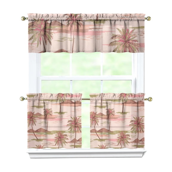 Boho Tropical Kitchen Curtains Set, Coastal Paradise and Hawaiian Island Classic Rod Pocket Tier and Valance, Energy Saving Panels for Kitchen Use
