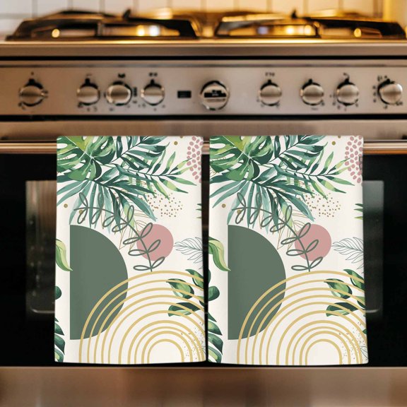 Boho Tropical Kitchen Towels Set of 3, Summer Palm Leaves Botanical Beige Absorbent Dish Towels for Kitchen, Microfiber Hand Towel, Quick Drying Tea Towel for Cleaning Decorative Dishcloths