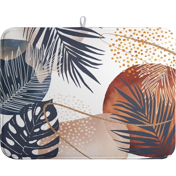 Boho Tropical Leaves Dish Drying Mat 18x24 Mid Century Modern Kitchen Drying Mat for Counter Navy Blue Orange Abstract Geometric Art Absorbent Dish Pad Microfiber Dish Drainer Rack Mat