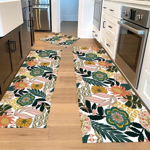 Boho Tropical Leaves Kitchen Rugs Sets of 3,Non Slip Rubber Kitchen Mats for Floor Colorful Jungle Flower Washable Kitchen Area Rugs Floor Carpet Runners for Hallway Laundry Room