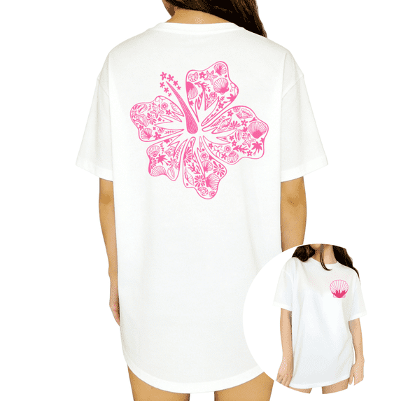 Boho Tropical Ocean Hibiscus Back Print Womens White Short Sleeve T-Shirt Oversized Tops