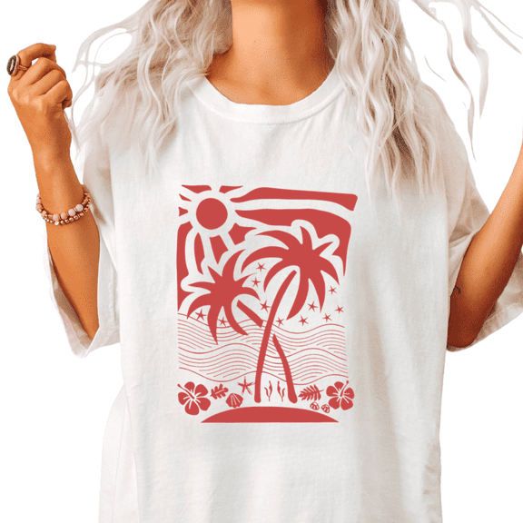 Boho Tropical Ocean Palm Womens S-5XL White Coastal Graphic Short Sleeve Tops