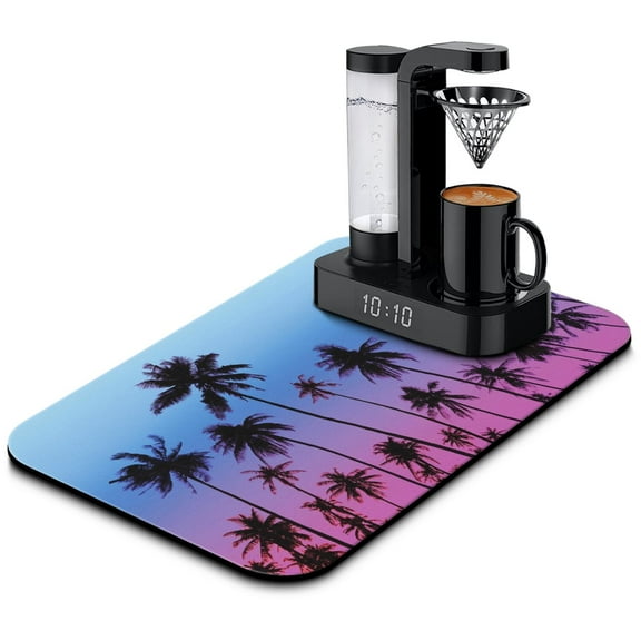 Boho Tropical Palm Dish Drying Mat, Diatom Mud Absorbent Kitchen Pad with Sunset Palm Tree Design, Beachy Coffee Bar Counter Mat