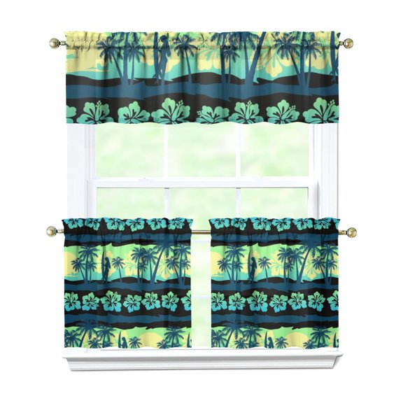 Boho Tropical Palm Trees Curtains Set of 3 - Minimalist Hawaii Beach Design, White Semi-Sheer Tier & Valance (54x18 + 2x27.5x24 Inch), Rod Pocket Window Treatment Panels