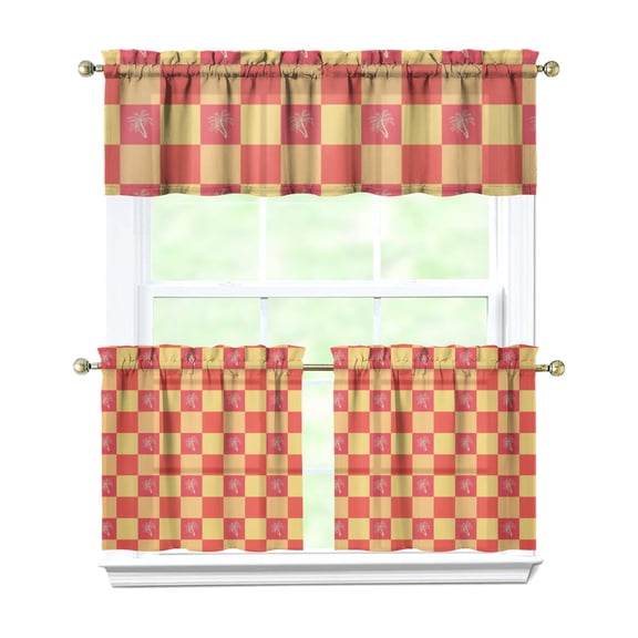 Boho Tropical Palm Trees Curtains Set of 3 - Minimalist Hawaii Beach Design, White Semi-Sheer Tier & Valance (54x18 + 2x27.5x24 Inch), Rod Pocket Window Treatment Panels