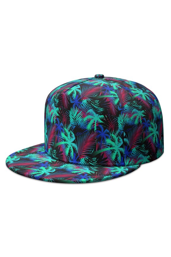 Boho Tropical Palm Trees Flat Visor Hat - Full Panel Snapback Cap - Adjustable Urban Style Cap - Summer Beach Sun Protection Unisex Design