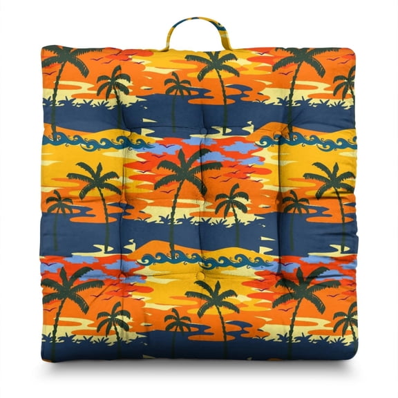 Boho Tropical Palm Trees Floor Pillow - Oversized Square Meditation Cushion, Fluffy & Resilient with Hawaiian Sunset Beach Print, Perfect for Small Apartments
