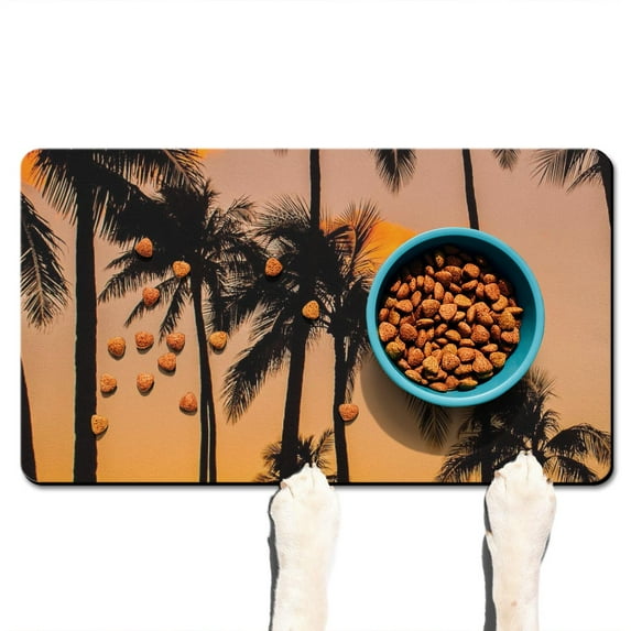 Boho Tropical Paradise Pet Feeding Mat - Multi-Layer Structure - Vibrant Sunset Colors - Easy Clean Dog Food Mat - Strong Grip for All Floor Types