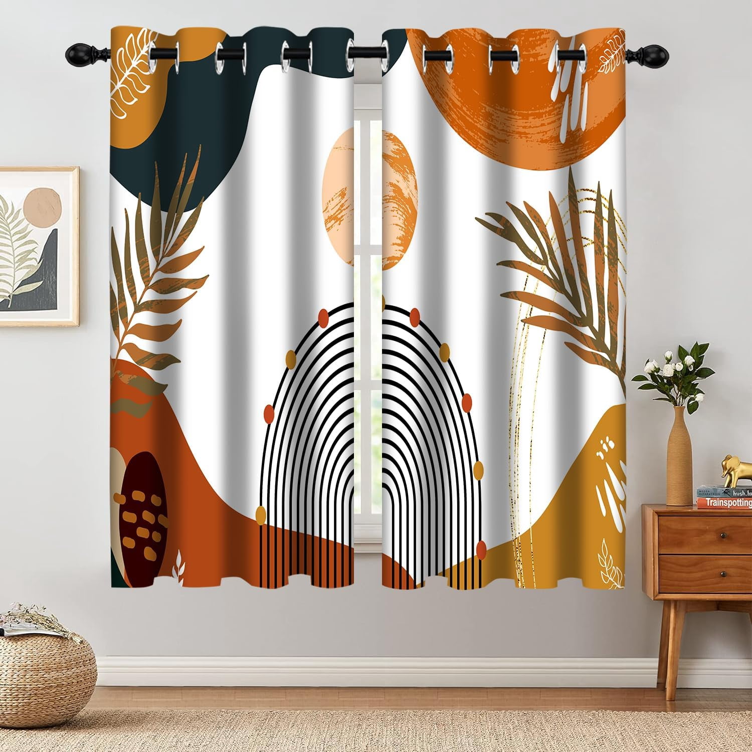 Boho Tropical Plants Window Curtain, Mid Century Leaves Abstract Aesthetic Art Blackout Darkening Thermal Insulated Grommet Window Drapes for Living Room Bedroom Decor 2 Panels 52"x63"