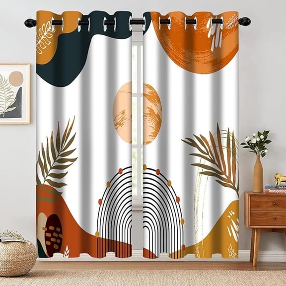 Boho Tropical Plants Window Curtain, Mid Century Leaves Abstract Aesthetic Art Blackout Darkening Thermal Insulated Grommet Window Drapes For Living Room Bedroom Decor 42"W x 108"L (Pack of 2)
