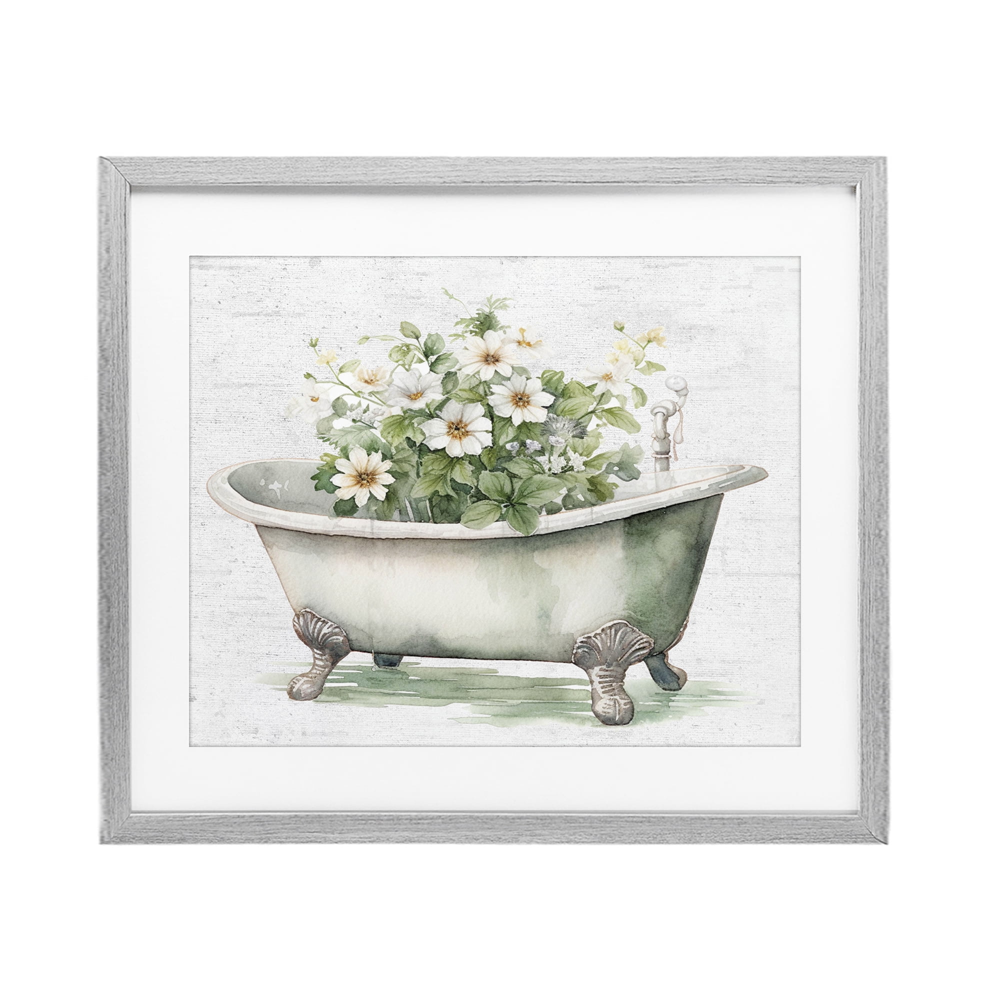 Boho Tub with Daisies Gray Framed Print Under Glass, design by Lettered and Lined