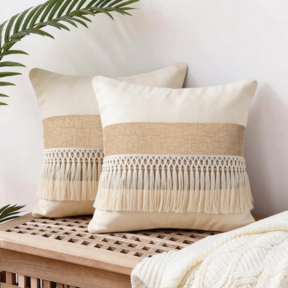 Boho Tufted Fringe Throw Pillow Cover 17.71In Hand Woven Macrame Tassels Invisible Zipper Closure Breathable Thick Woven Cushion Case for Couch Sofa Bedroom Armchair Office Chair Home Daily Decor Use
