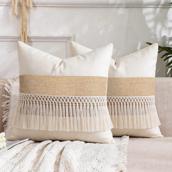 Boho Tufted Fringe Throw Pillow Cover 18x18 Inch Neutral Beige Macrame Cushion Case with Hand-Woven Tassels for Farmhouse Couch Sofa Bedroom Decor