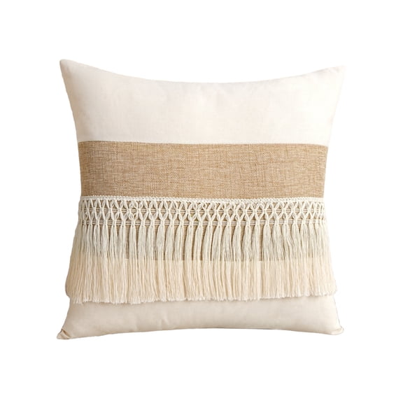 Boho Tufted Fringe Throw Pillow Cover - Hand-Woven Macrame Cushion Case for Couch, Sofa, or Bedroom Decor - Durable Polyester with Invisible Zipper - Perfect Gift Choice,Beige