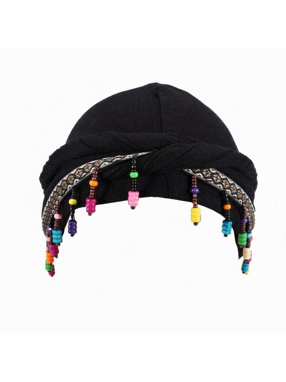 Boho Turban Hat for Women, Ethnic Twist Head Wrap with Colorful Bead Tassels, Soft Stretchy Bohemian Head Cover for Festival Party Daily Wear