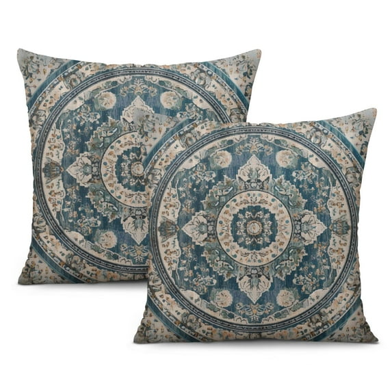 Boho Turquoise Carpet Pattern Ethnic Design Throw Pillow Covers 18 X 18 Inch, Set Of 2, Linen Study Sofa Cushion Cover Indoor Living Room Home Decor
