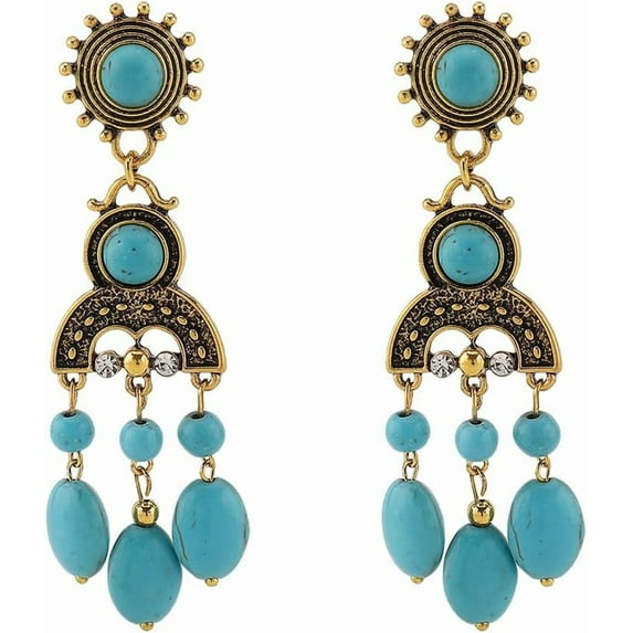 Boho Turquoise Chandelier Drop Earrings for Women Vintage Long Blue Birthstone Crystal Tassel Charms Statement Dangle Earring Lightweight Bohemian Ethnic Holiday Anniversary Jewelry