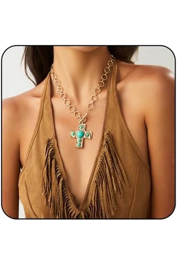 Boho Turquoise Cross Necklace for Women Vintage Cross Pendant Necklace Country Concert Accessories Hip Hop Costume Jewelry Gifts for Women