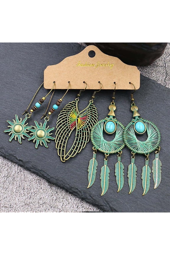Boho Turquoise Drop Earrings, Retro Long Copper Feather Metal Leaf Dangle Earrings, Vintage Country Western Jewelry Cowgirl Ethnic Style, Hollow Dream Bead Earrings Set, Accessories Gift for Women